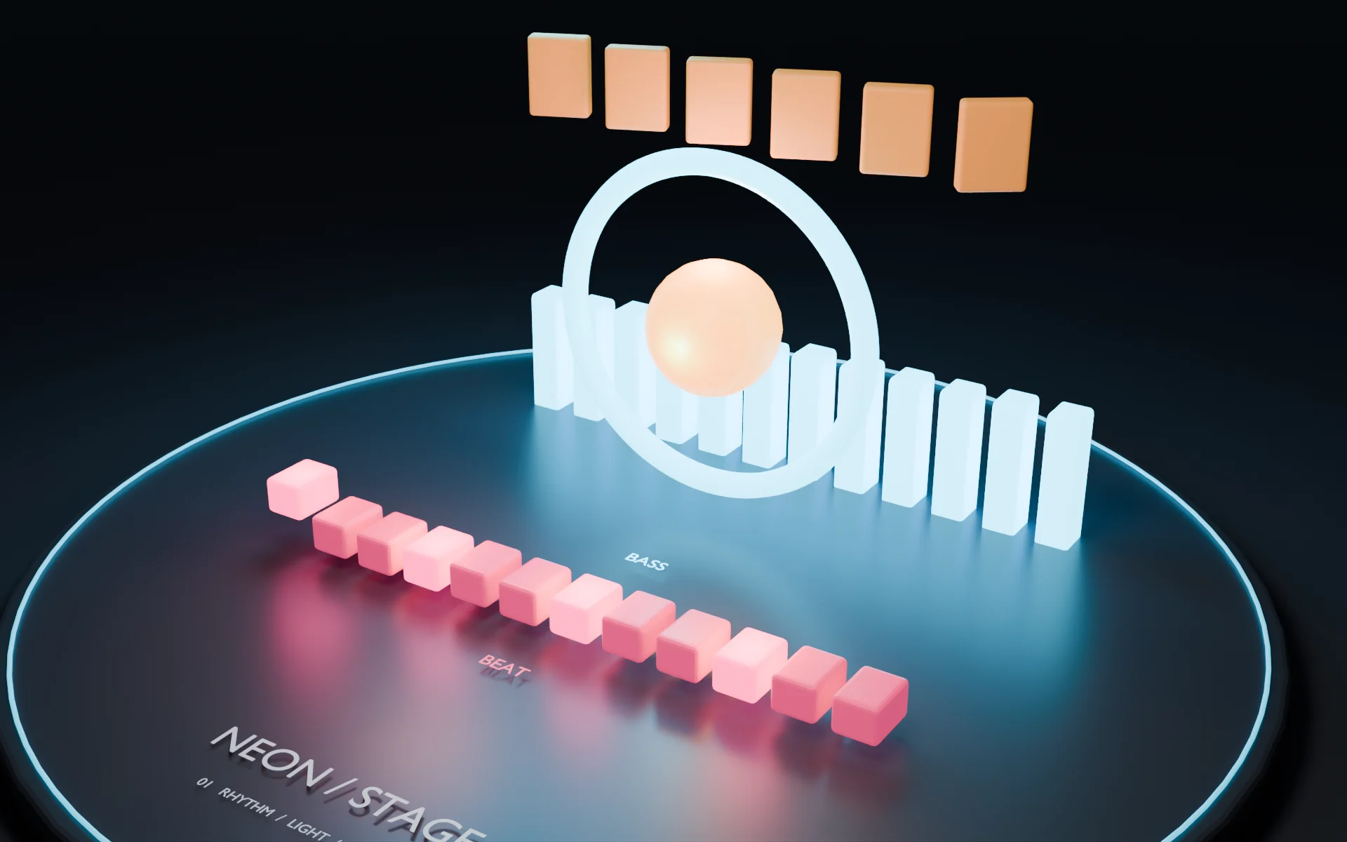 Neon Stage demo with spectrum columns and bouncing pink pads