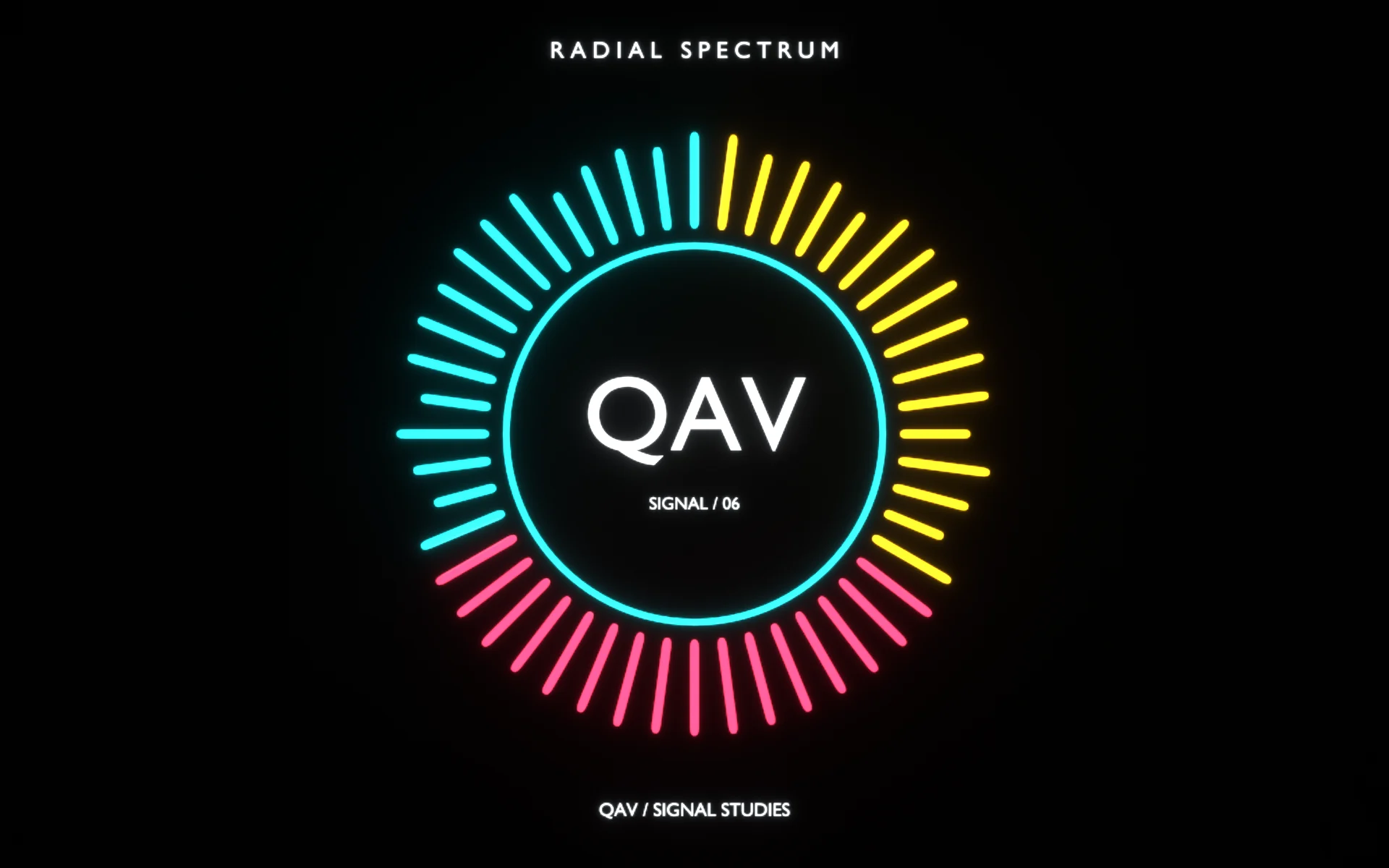 Radial Spectrum demo with 48 colored bars surrounding an editable QAV text logo