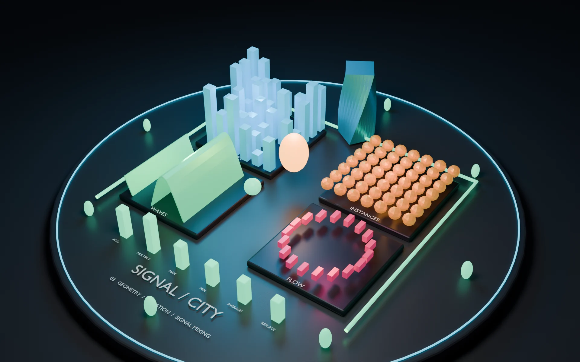 Signal City demo with a procedural skyline, frequency towers and glowing connections