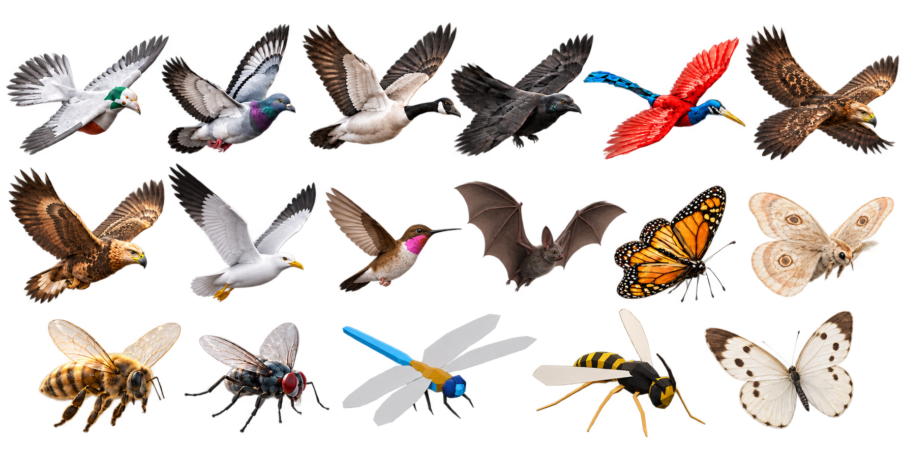 Illustrated atlas of all 17 variants: Pigeon, Pigeon 2, Goose, Crow, Seaside Hill Bird, Frey's Bird, Freyja's Bird, White Seagull, Hummingbird, Bat, Monarch, Glowing Moth, Bee, Fly, Dragonfly, Wasp and White Butterfly