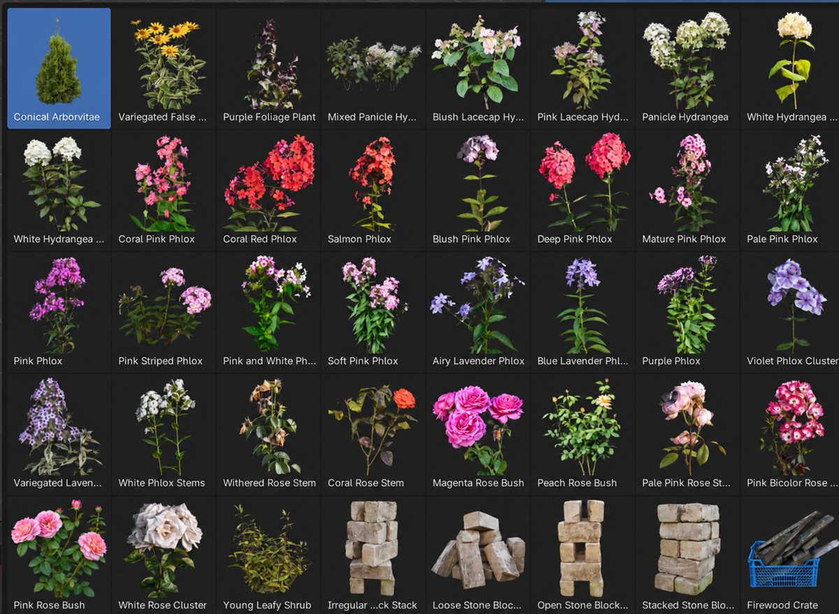 Quick Garden Billboards visual asset library showing plants, flowers, stones and garden objects
