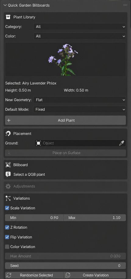 Quick Garden Billboards Blender panel with library, placement and variation controls