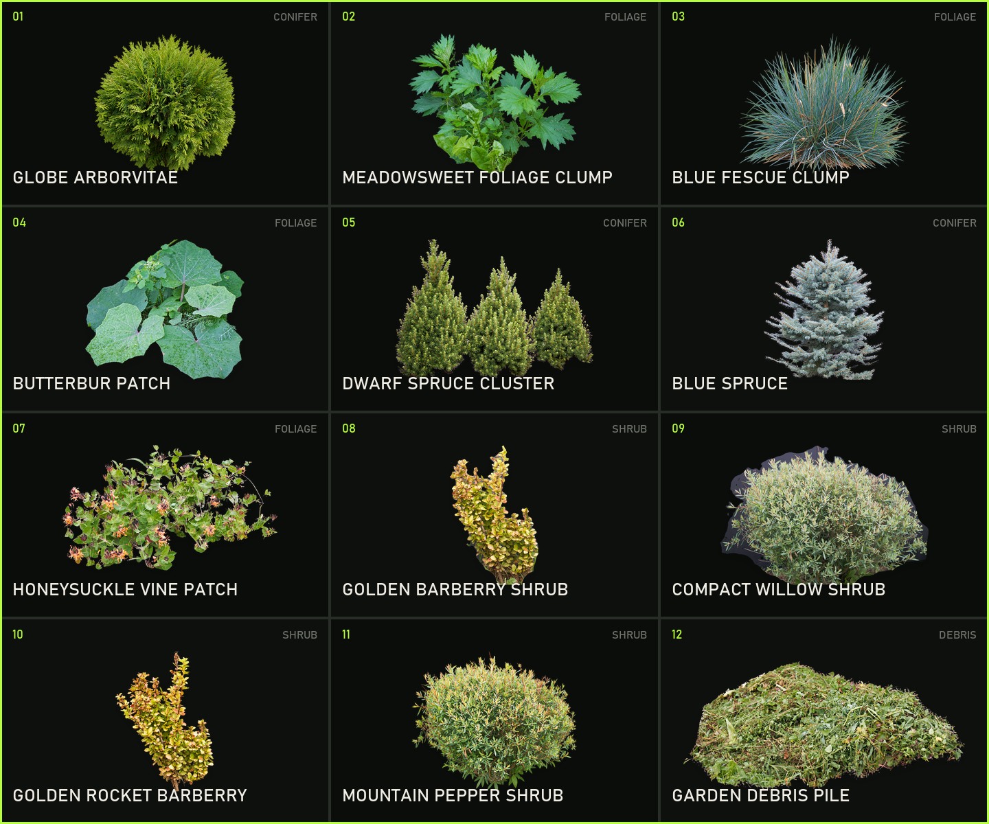 Twelve new PRO conifer, foliage, shrub and garden detail assets
