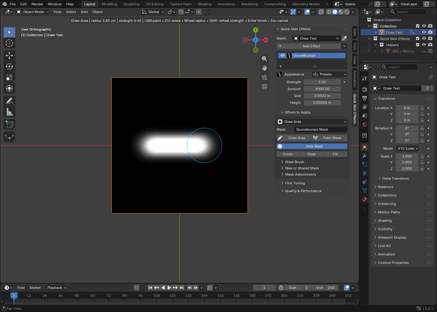 Blender Quick Skin Effects panel with Draw Area mask controls visible
